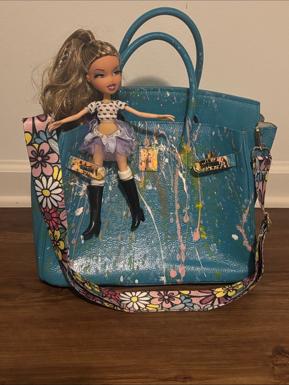 Teal Paint-Splatter Tote Bag with Floral Strap